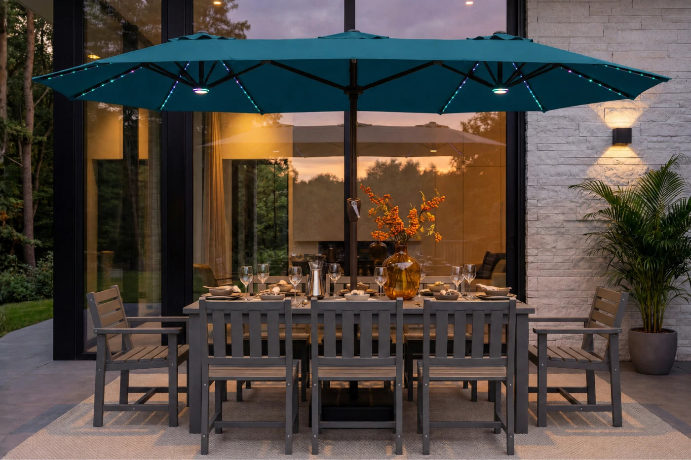 Double-Sided Patio Umbrella with Base & RGB LED Lights