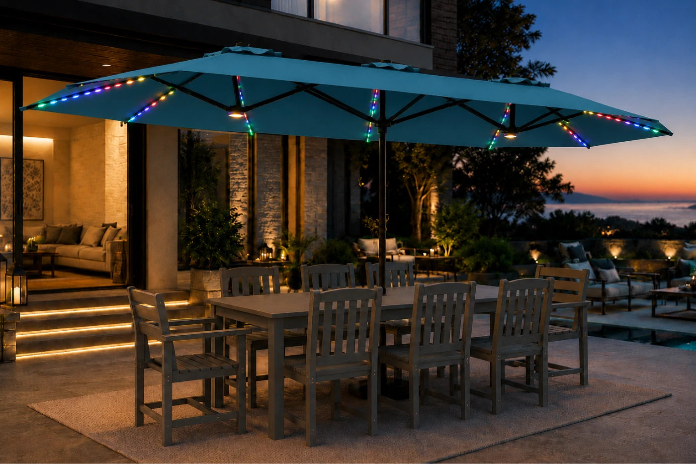 Double-Sided Patio Umbrella with Base & RGB LED Lights