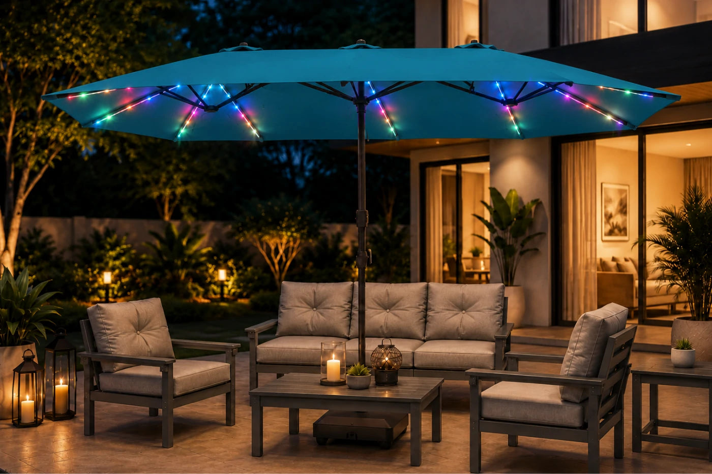 Double-Sided Patio Umbrella with Base & RGB LED Lights