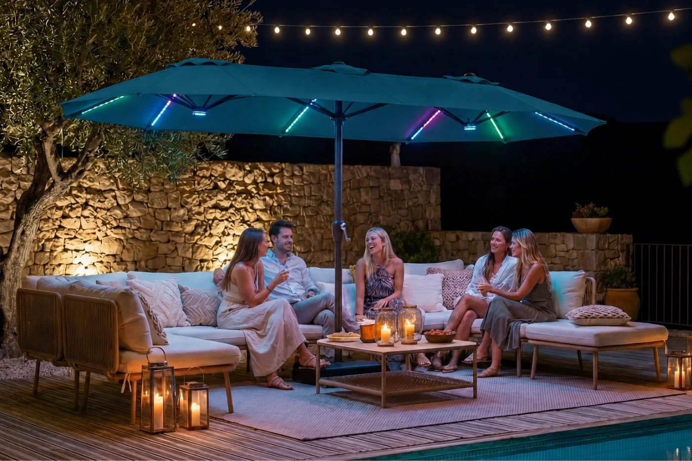 Double-Sided Patio Umbrella with Base & RGB LED Lights