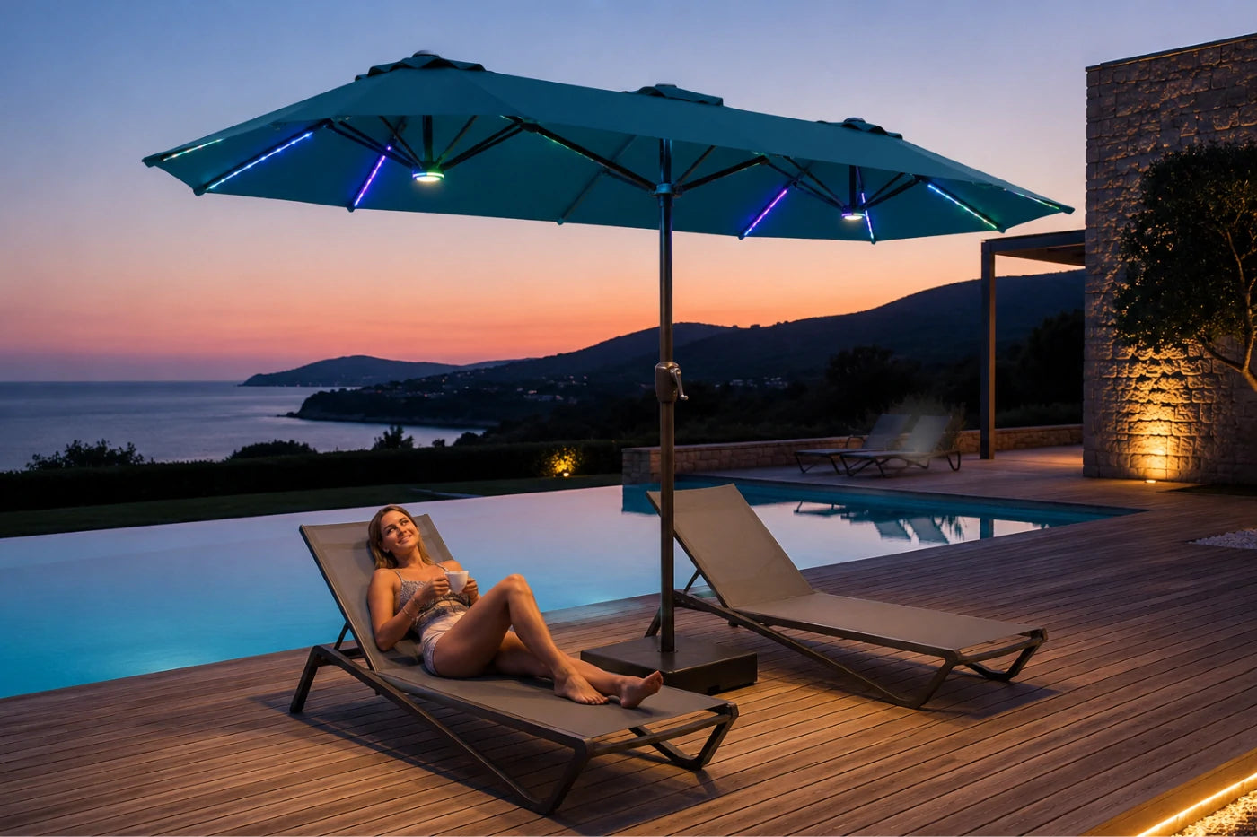 Double-Sided Patio Umbrella with Base & RGB LED Lights