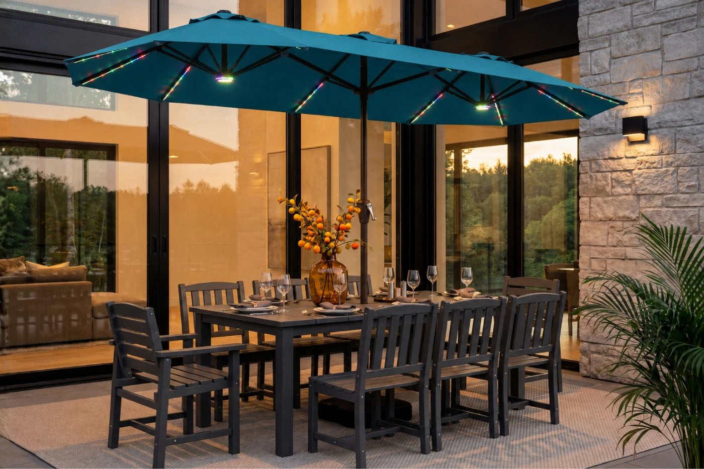 Double-Sided Patio Umbrella with Base & RGB LED Lights