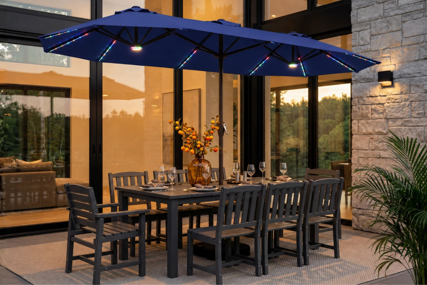 Double-Sided Patio Umbrella with Base & RGB LED Lights