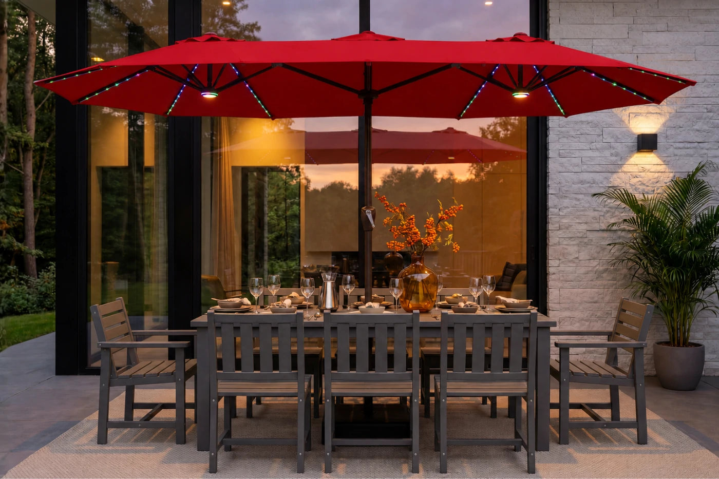 Double-Sided Patio Umbrella with Base & RGB LED Lights