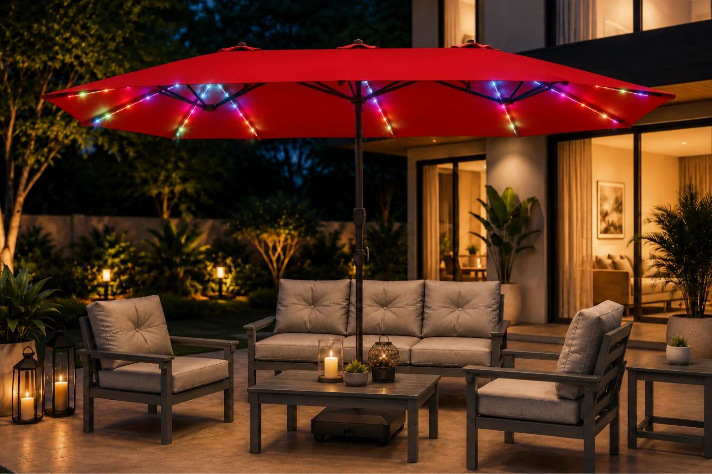Double-Sided Patio Umbrella with Base & RGB LED Lights
