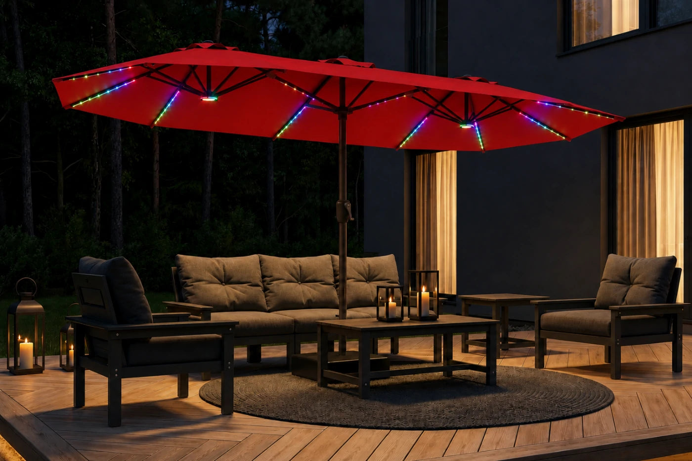 Double-Sided Patio Umbrella with Base & RGB LED Lights