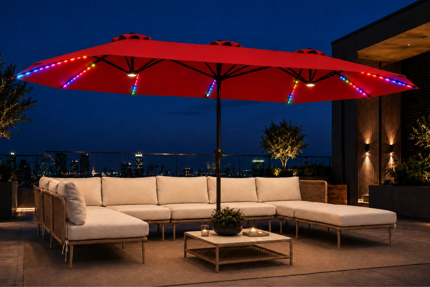 Double-Sided Patio Umbrella with Base & RGB LED Lights