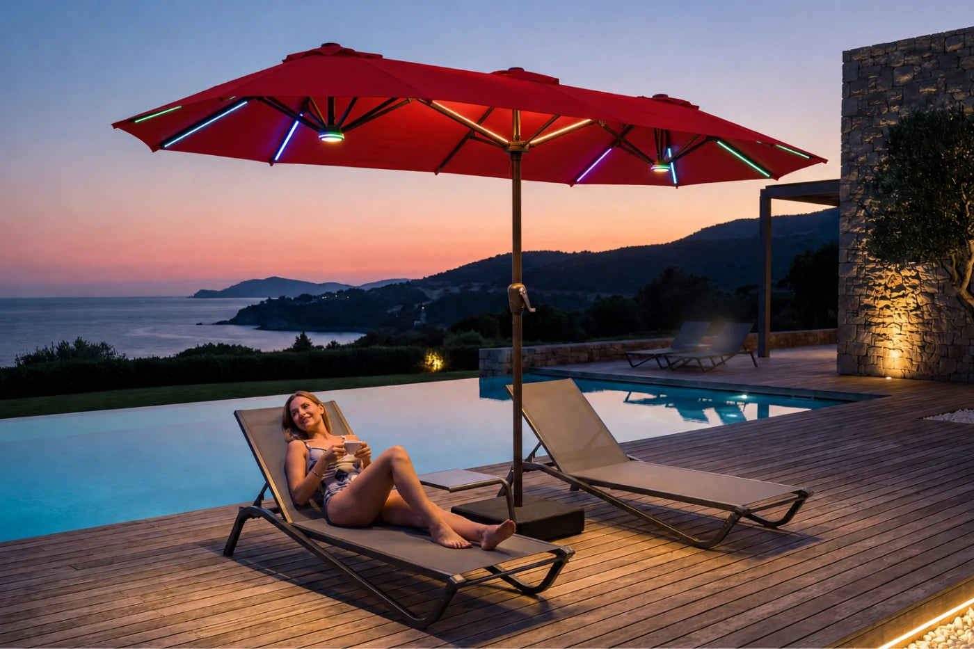 Double-Sided Patio Umbrella with Base & RGB LED Lights