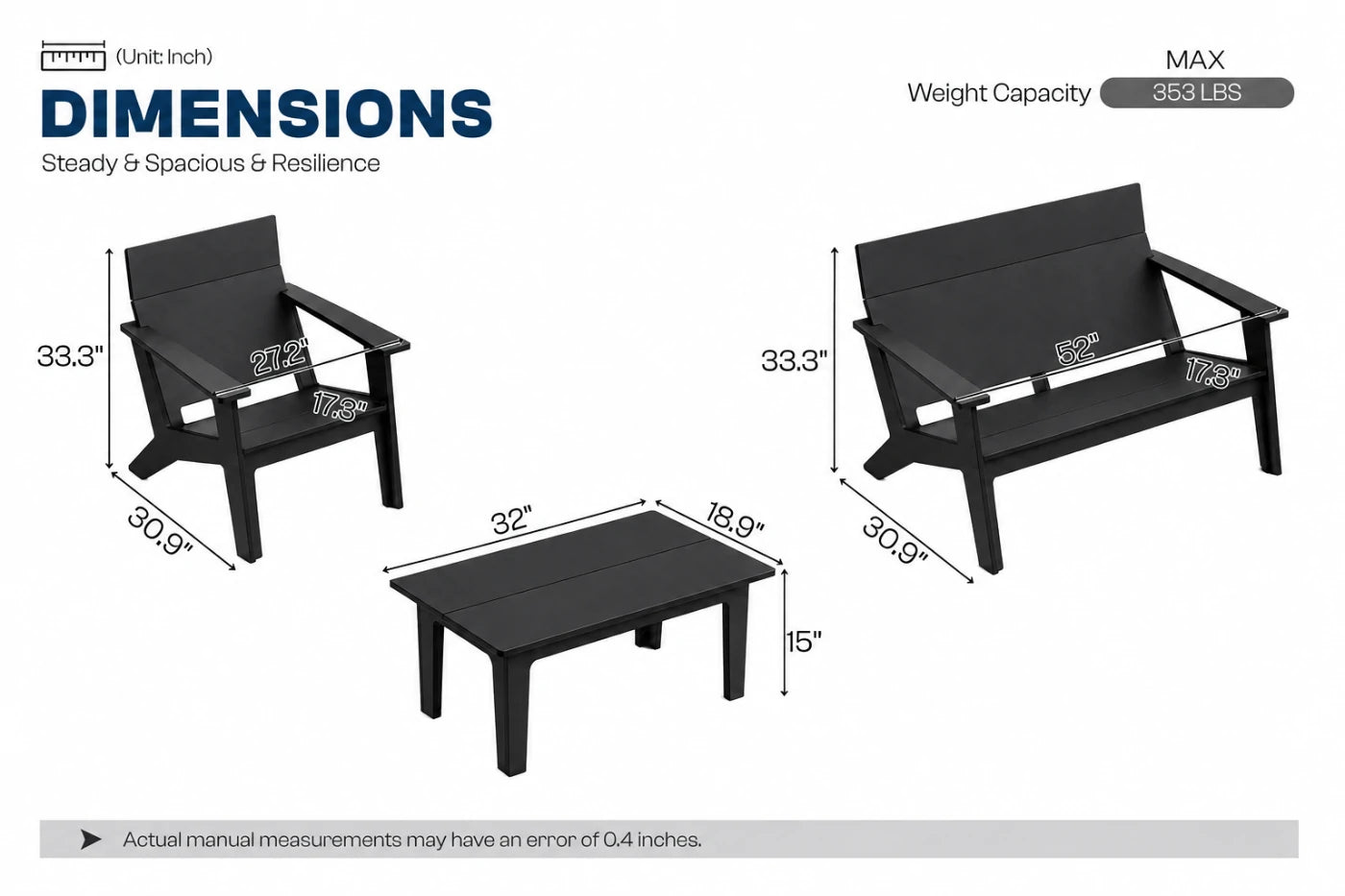 A dimension diagram showing a black outdoor loveseat, matching black coffee table, and black armchair with measurement labels and text including 'DIMENSIONS', 'Steady & Spacious & Resilience', and 'Weight Capacity MAX 353 LBS'.