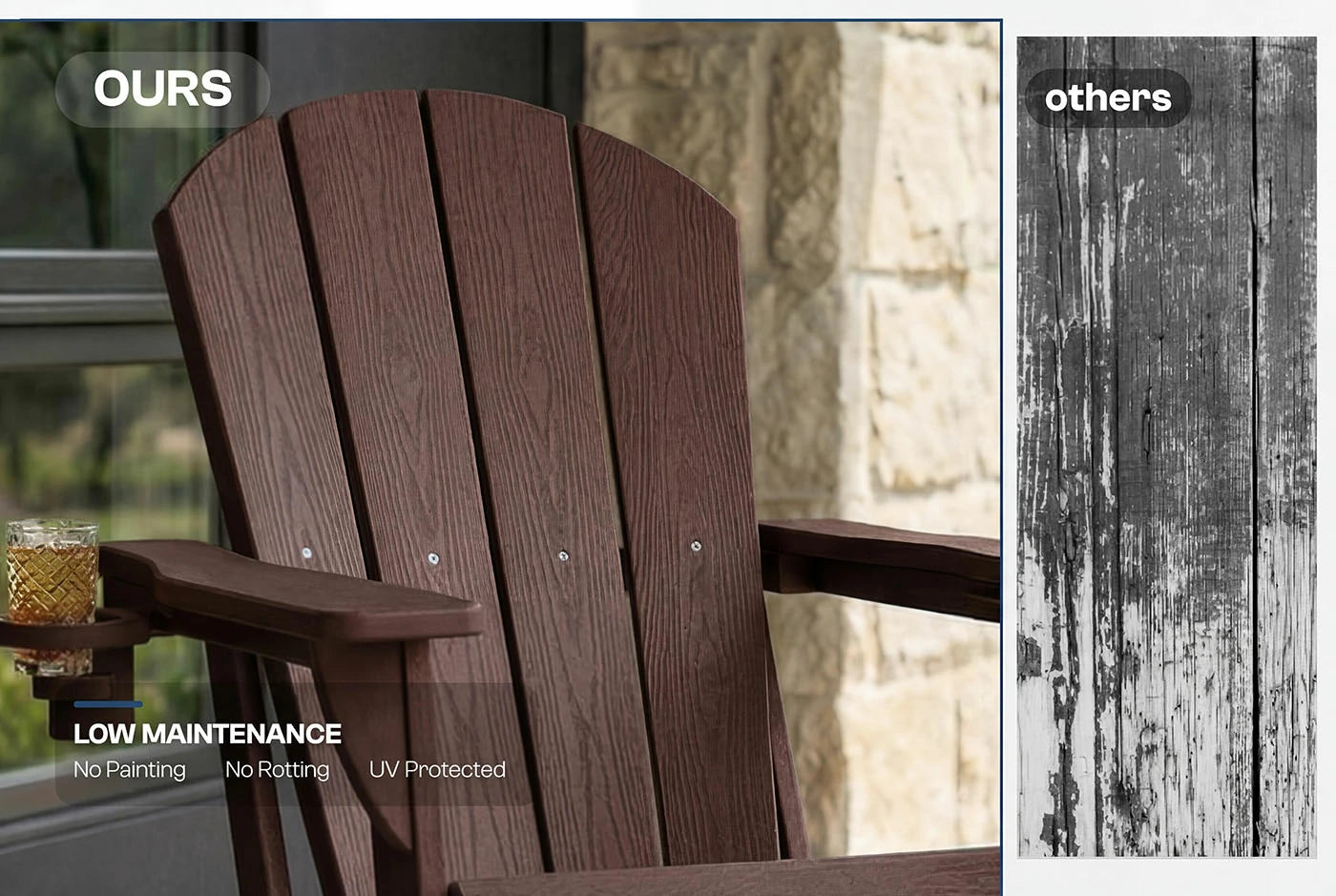 HDPE chair labeled 'Ours' with a comparison to 'Others' on a blurred outdoor background.