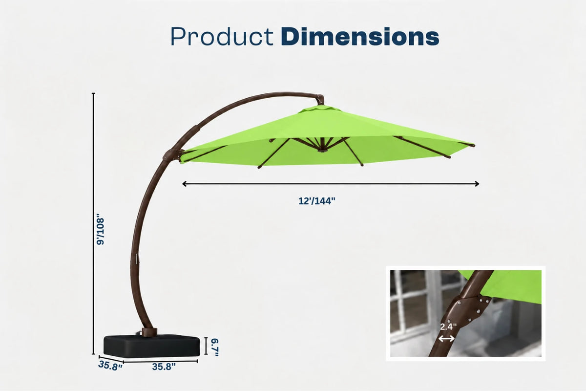 Product dimensions diagram for a curved patio umbrella with an apple green canopy, dark brown arched pole, and black base, shown on a light gray background with measurement labels and a small detail inset.