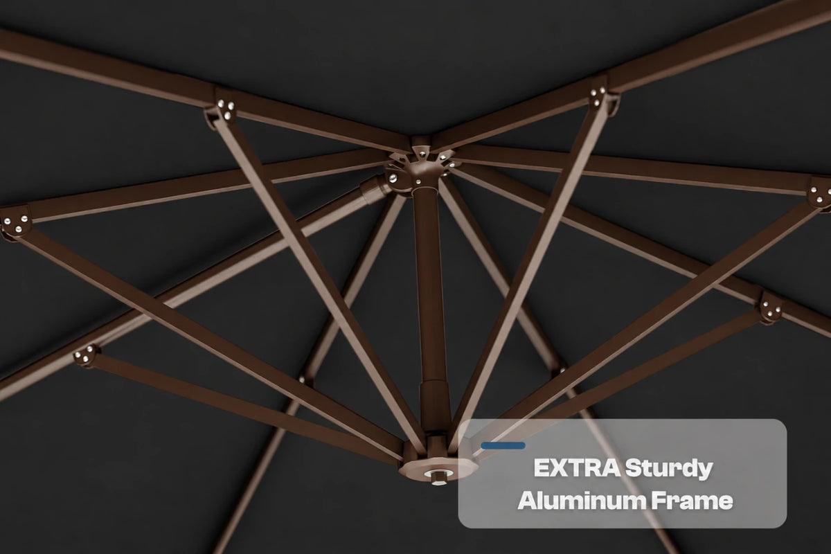 Close-up underside view of a black patio umbrella showing the dark aluminum canopy frame structure, with a text overlay that reads 'EXTRA Sturdy Aluminum Frame'.