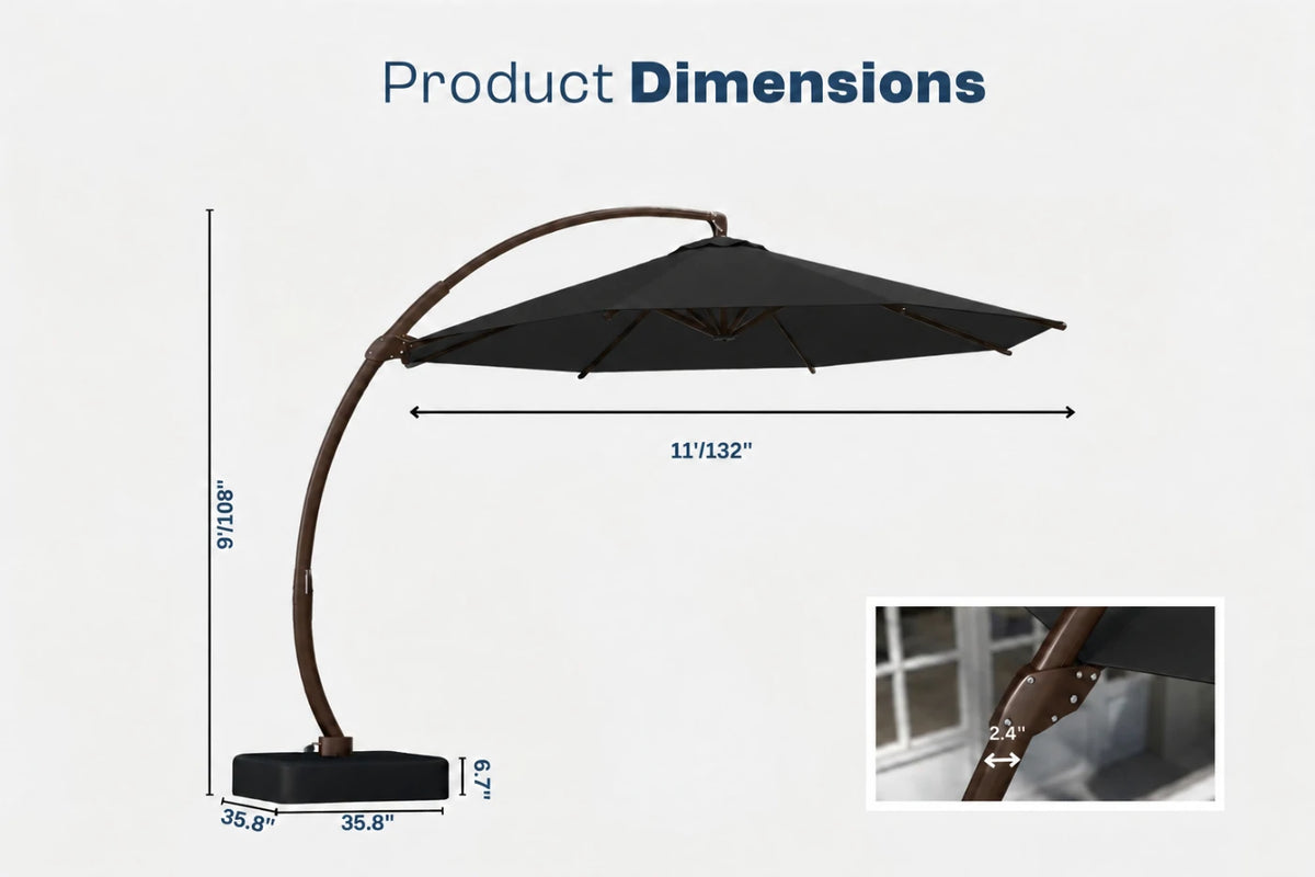 Product dimensions diagram for a cantilever patio umbrella, showing an black canopy, dark brown curved frame, and black base with labeled measurements including 11'132" width, 9'108" height, and 35.8" base diameter.