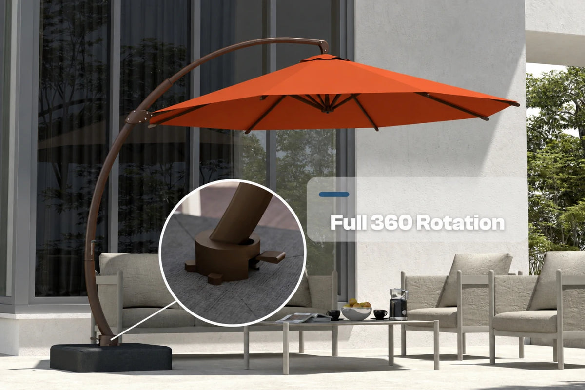 An outdoor patio scene with a large orange cantilever umbrella on a curved metal frame, shown beside lounge chairs and a coffee table. A circular inset highlights the base hardware, and text reads 'Full 360 Rotation.