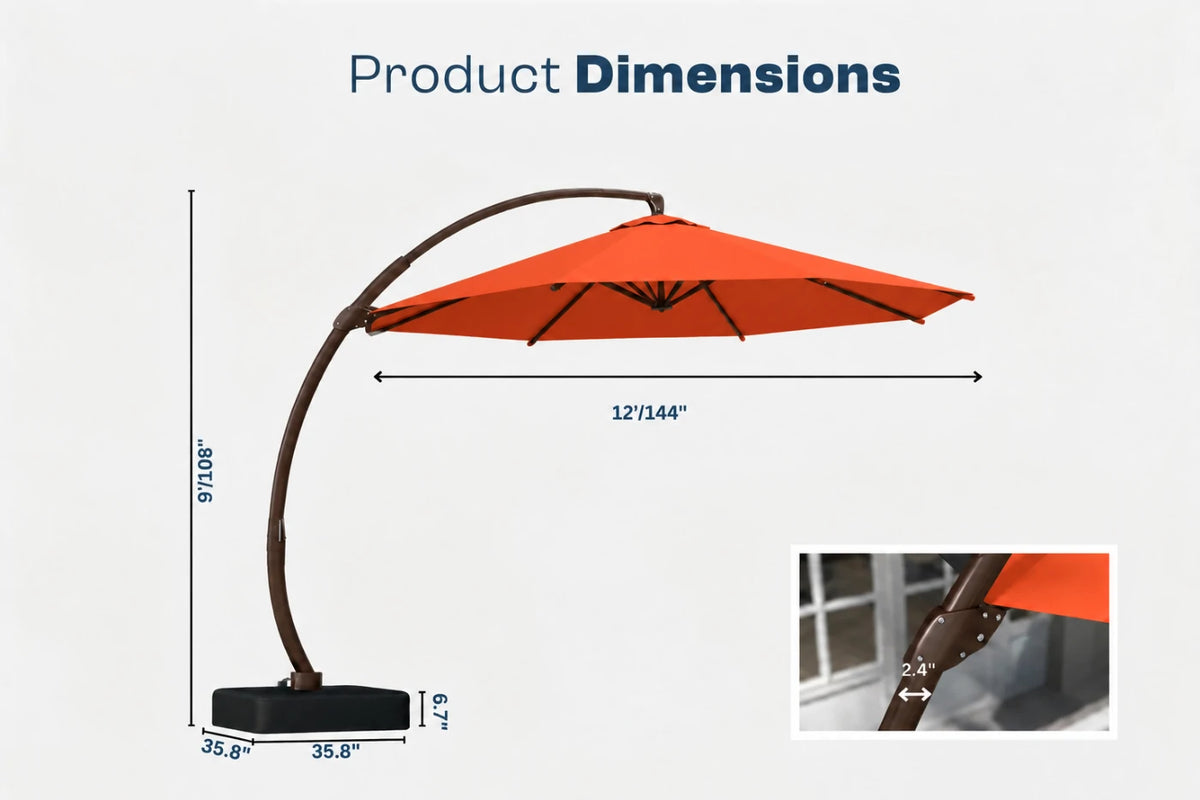 Product dimensions diagram for a curved patio umbrella with an orange canopy, dark brown arched pole, and black base, shown on a light gray background with measurement labels and a small detail inset.