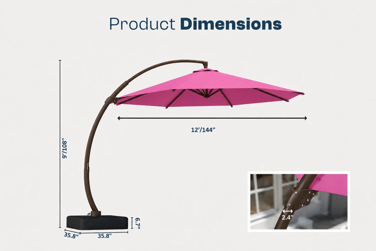 Product dimensions diagram for a curved patio umbrella with a rose pink canopy, dark brown arched pole, and black base, shown on a light gray background with measurement labels and a small detail inset.