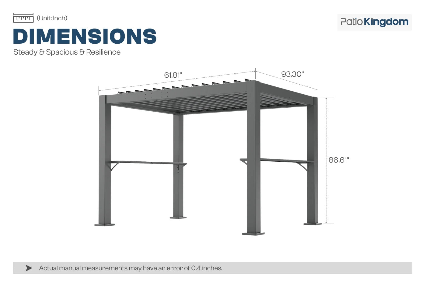 Patio pergola with dimensions labeled on a white background