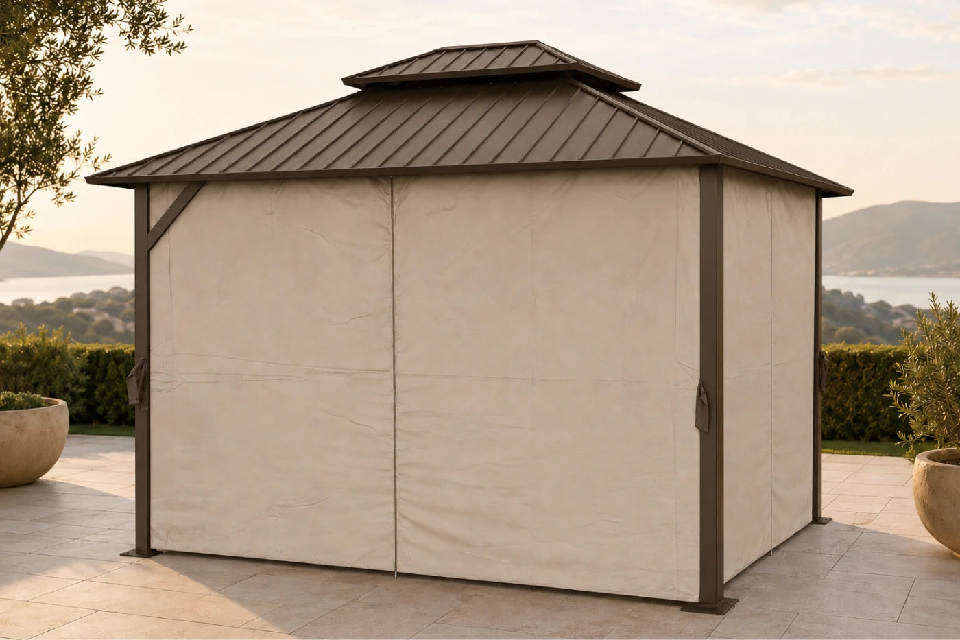 Luxor™ Hardtop Gazebo with Netting and Curtains