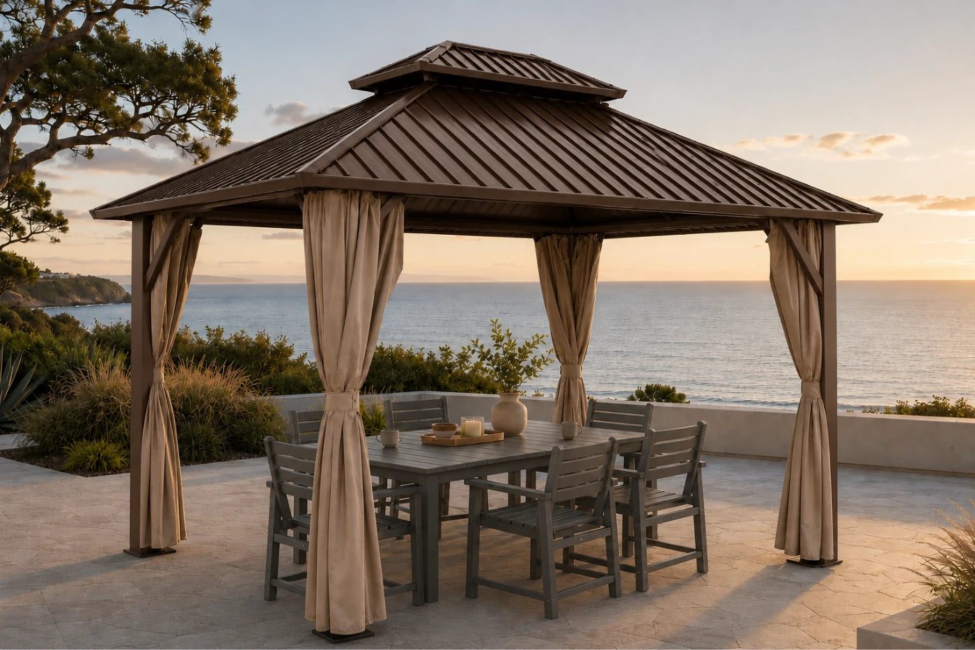 Luxor™ Hardtop Gazebo with Netting and Curtains