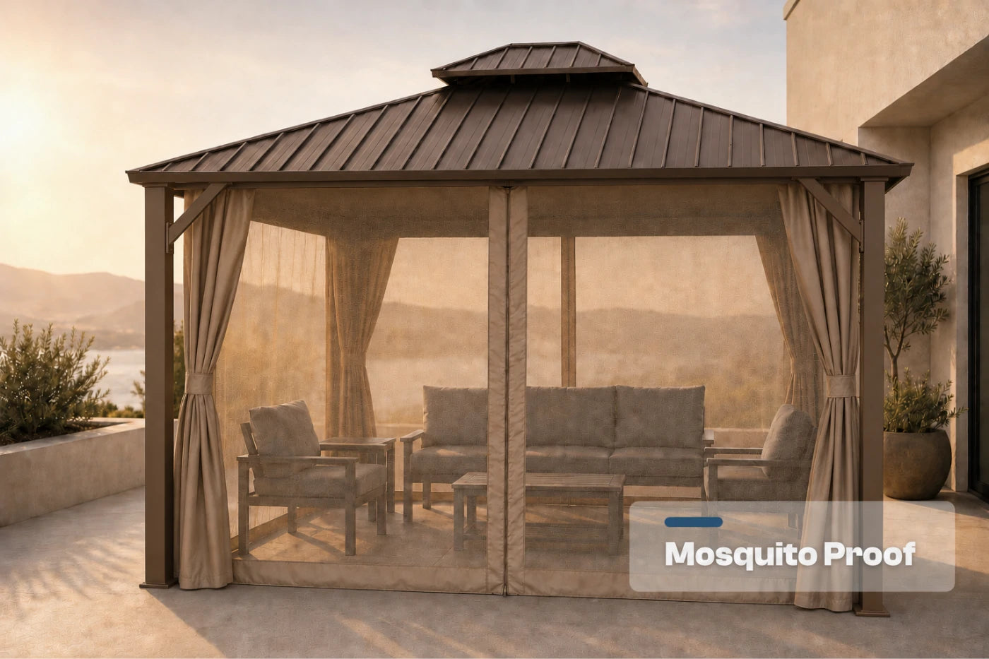 Luxor™ Hardtop Gazebo with Netting and Curtains
