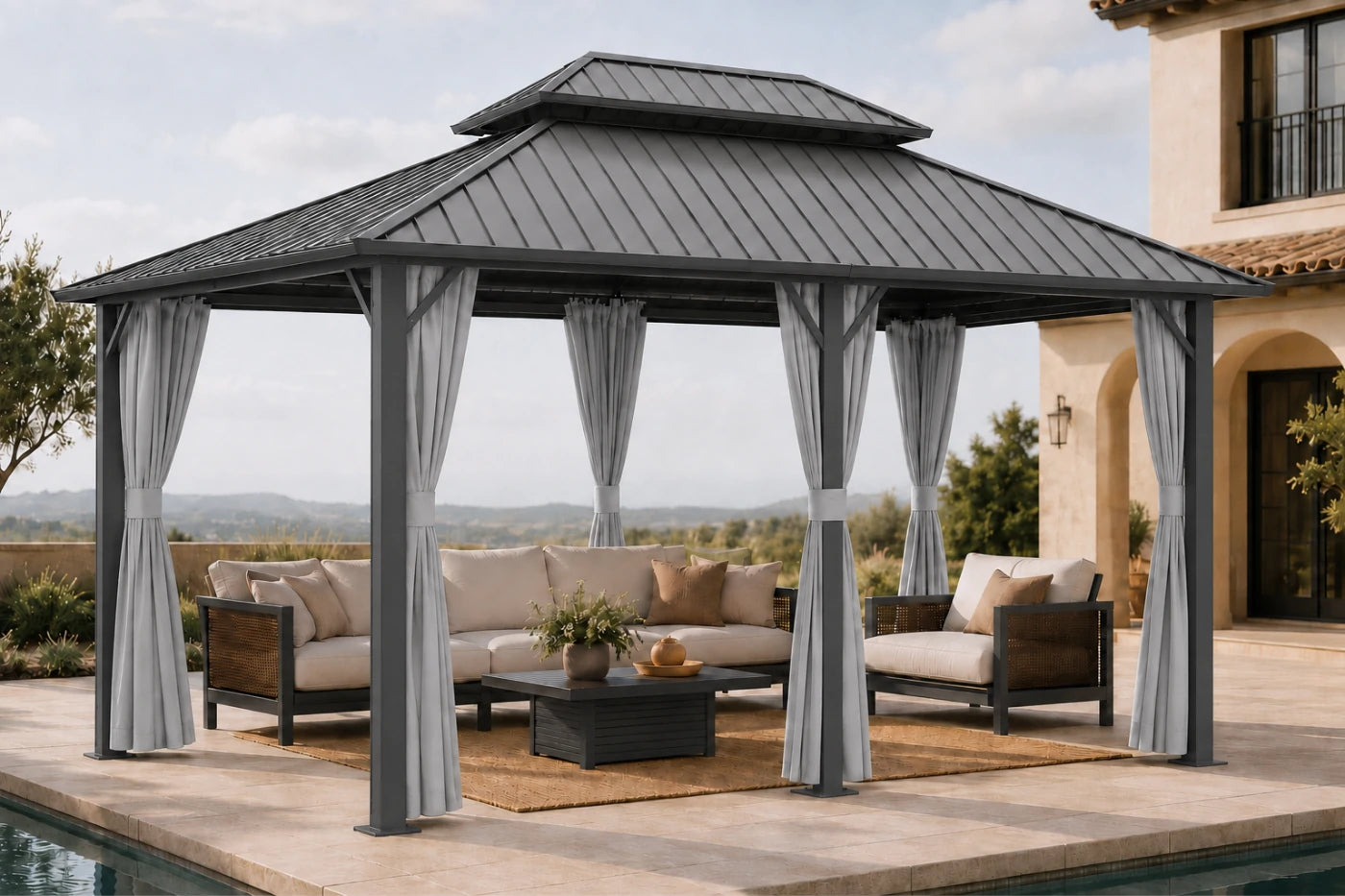 Luxor™ Hardtop Gazebo with Netting and Curtains