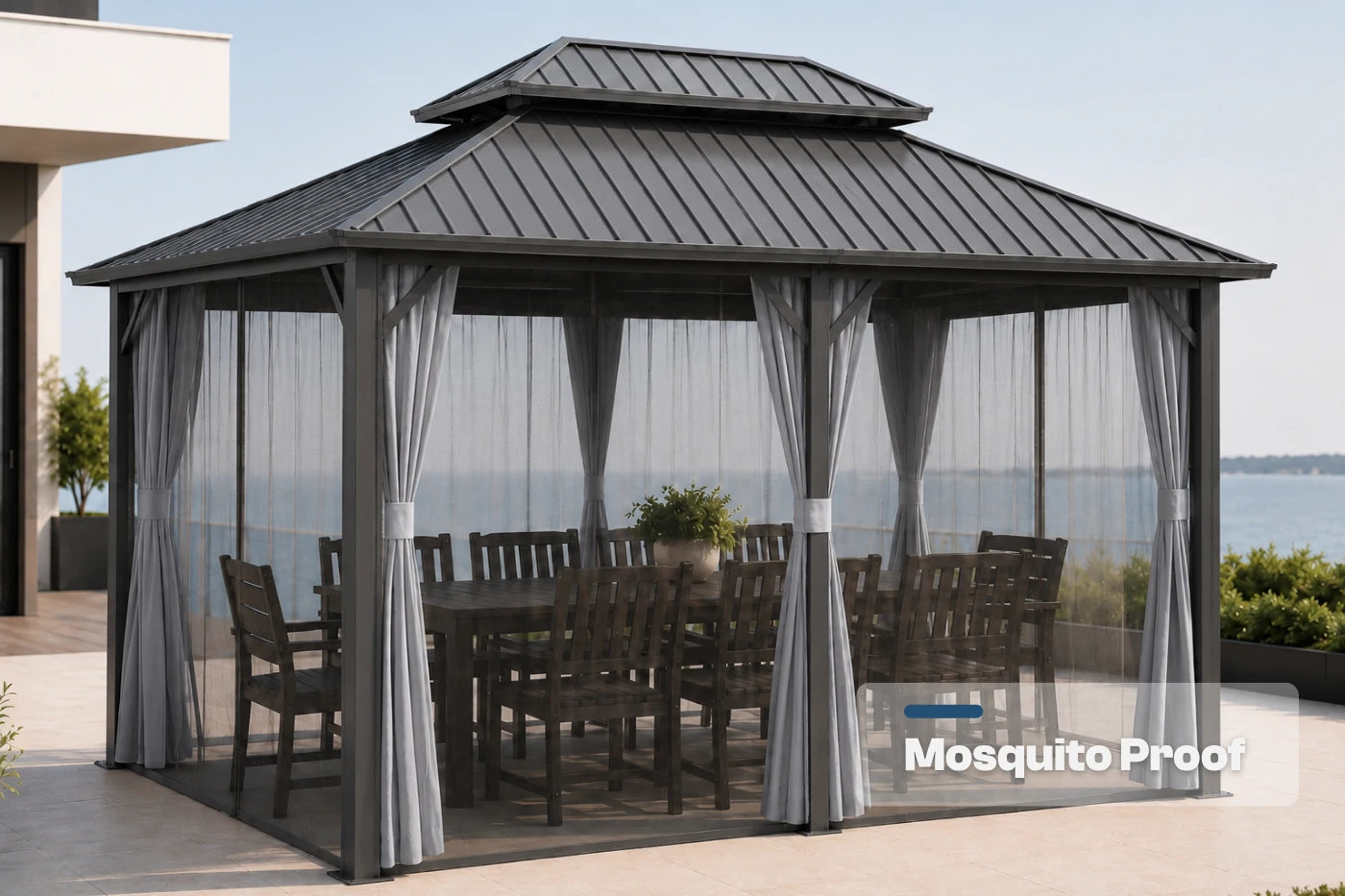 Luxor™ Hardtop Gazebo with Netting and Curtains