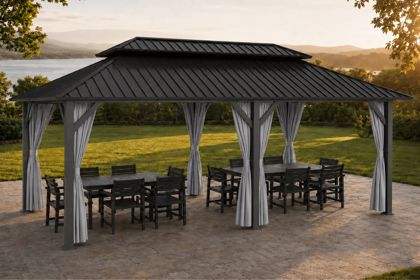 Luxor™ Hardtop Gazebo with Netting and Curtains