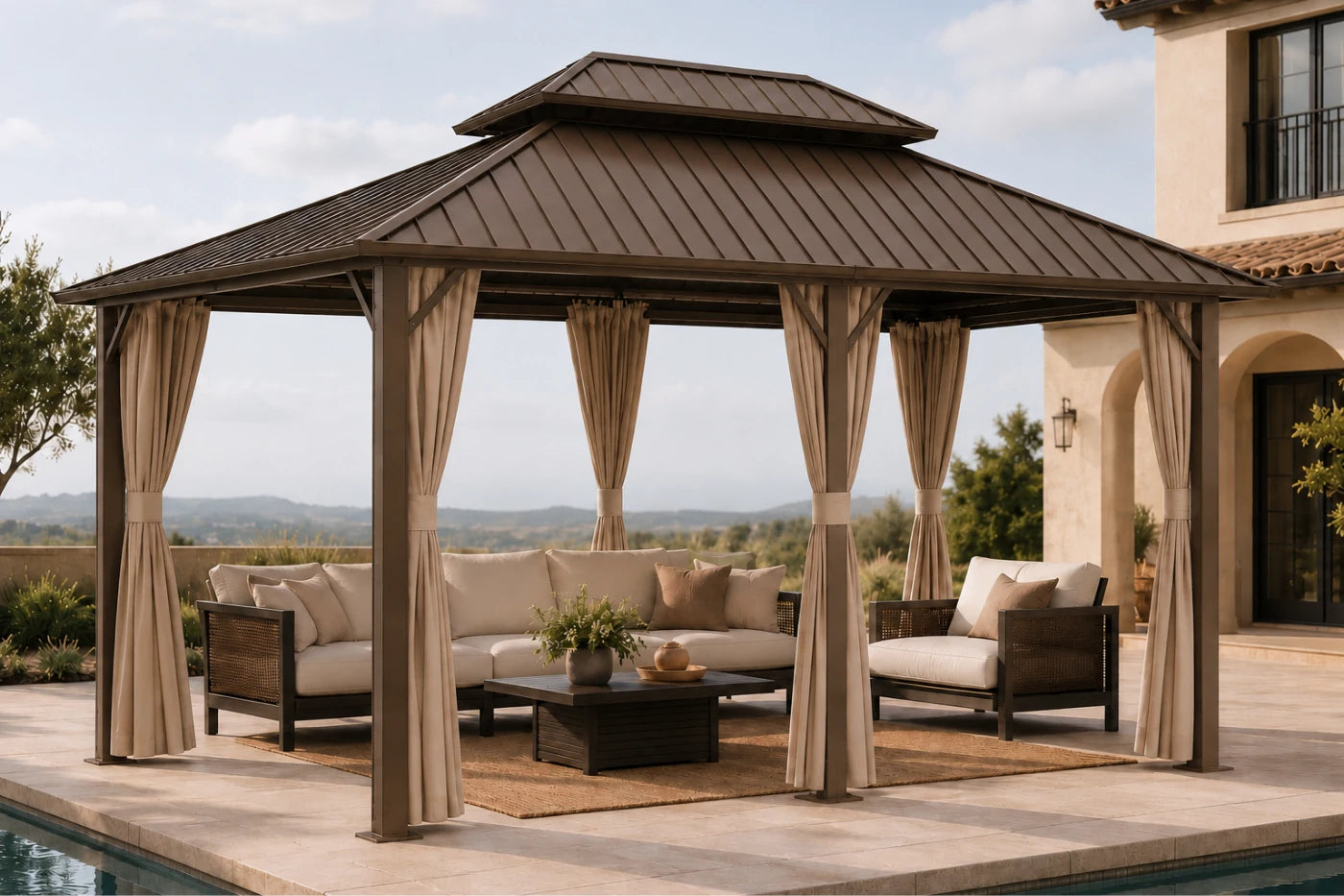 Luxor™ Hardtop Gazebo with Netting and Curtains