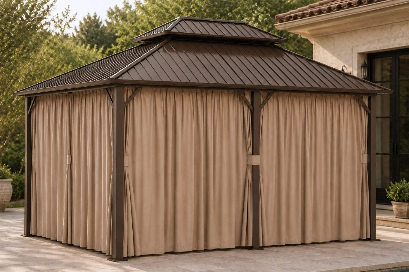 Luxor™ Hardtop Gazebo with Netting and Curtains