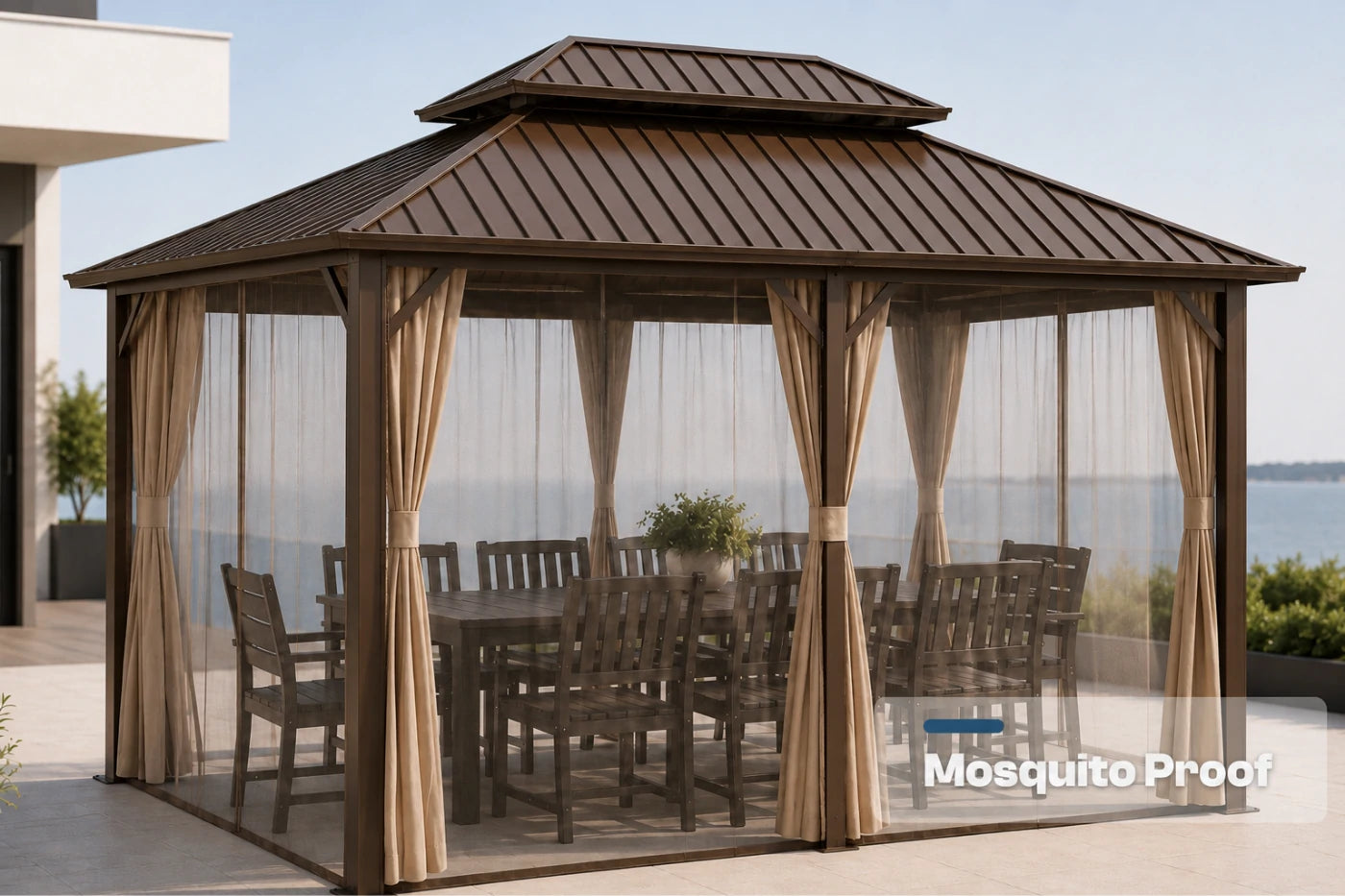 Luxor™ Hardtop Gazebo with Netting and Curtains