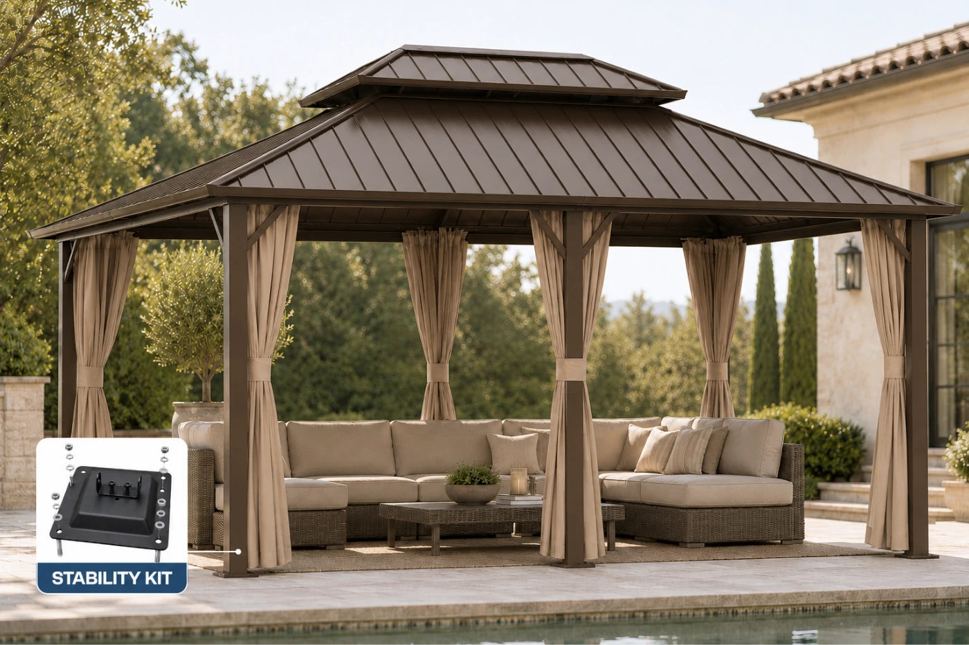 Luxor™ Hardtop Gazebo with Netting and Curtains