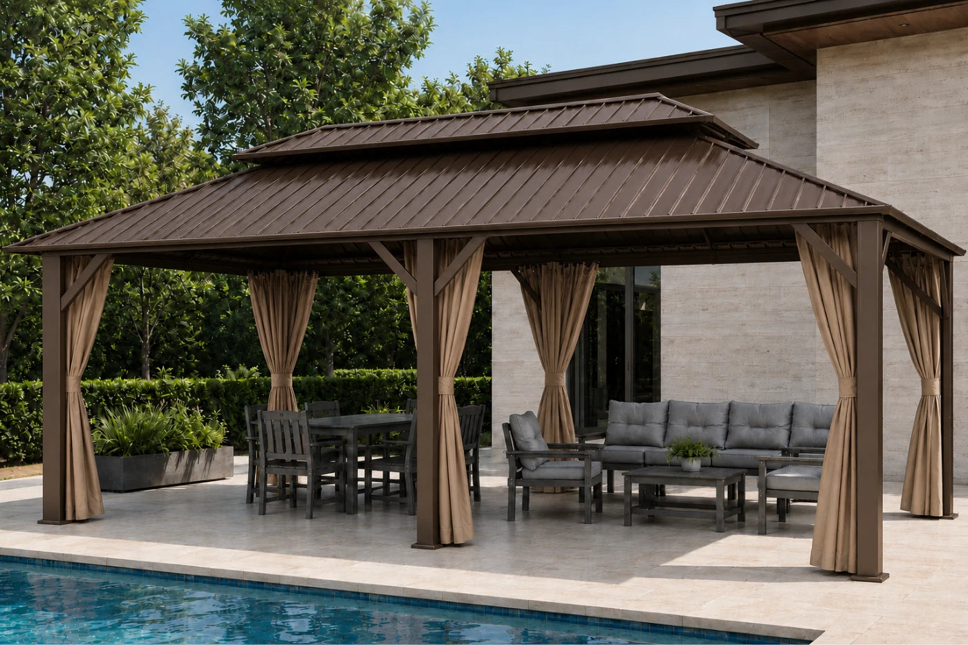 Luxor™ Hardtop Gazebo with Netting and Curtains