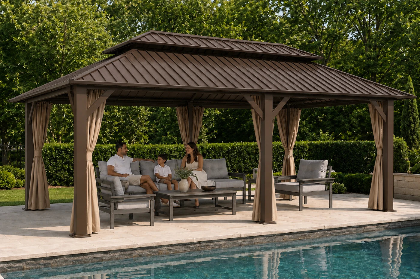 Luxor™ Hardtop Gazebo with Netting and Curtains