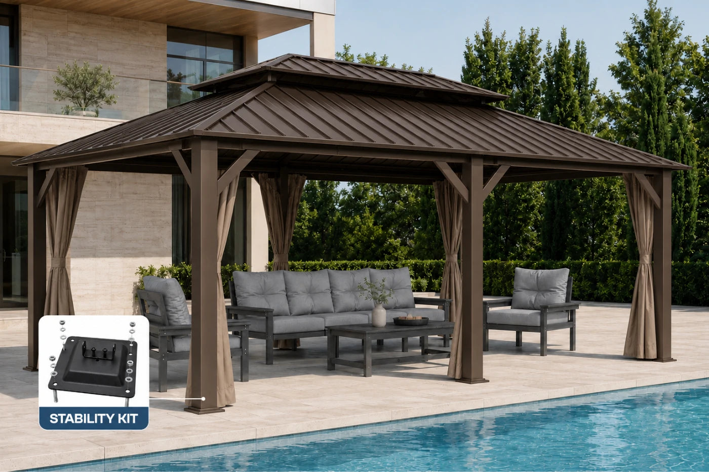 Luxor™ Hardtop Gazebo with Netting and Curtains