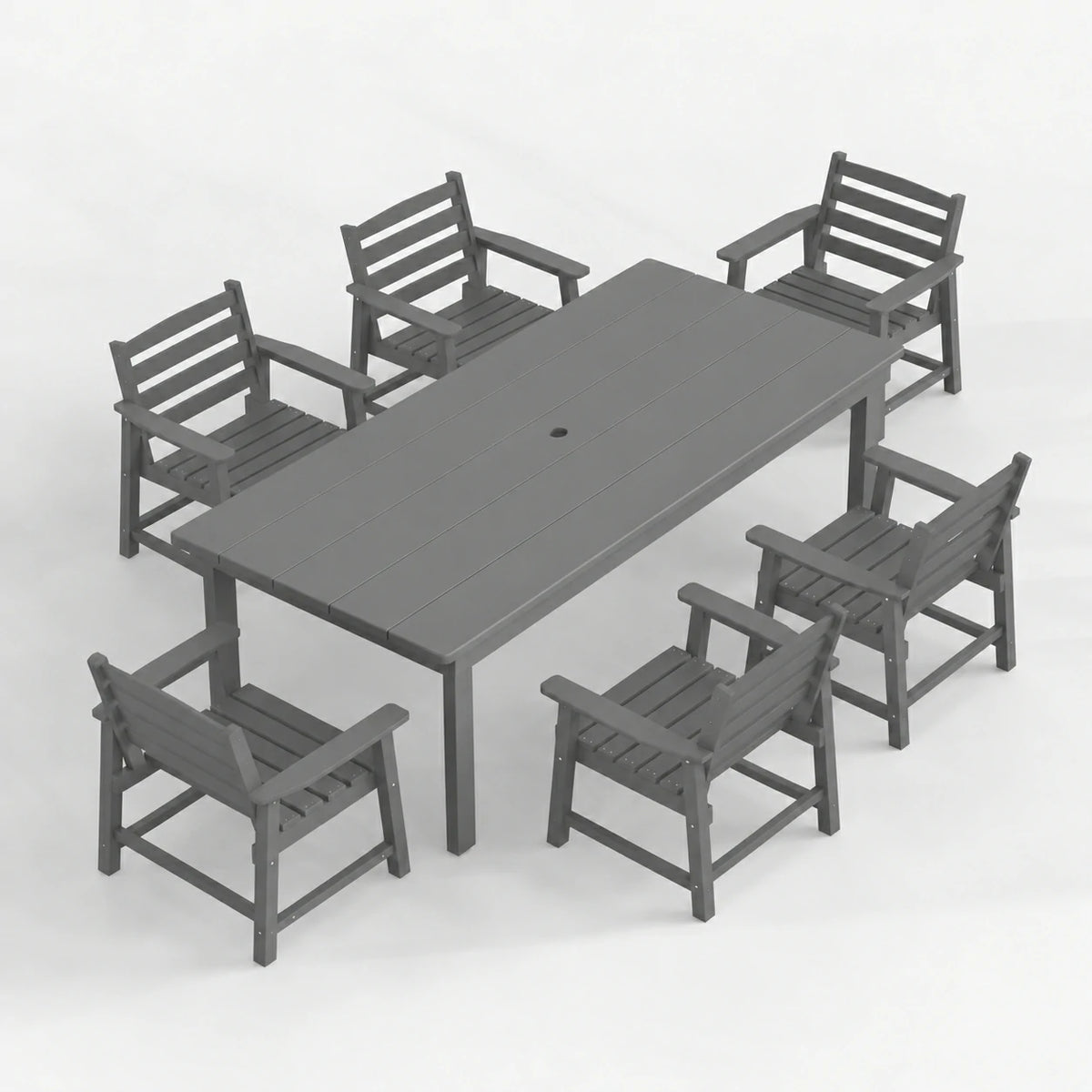 A 7-piece outdoor dining set consisting of a rectangular slatted table and six matching armchairs, shown in a uniform dark gray color on a seamless light gray background.