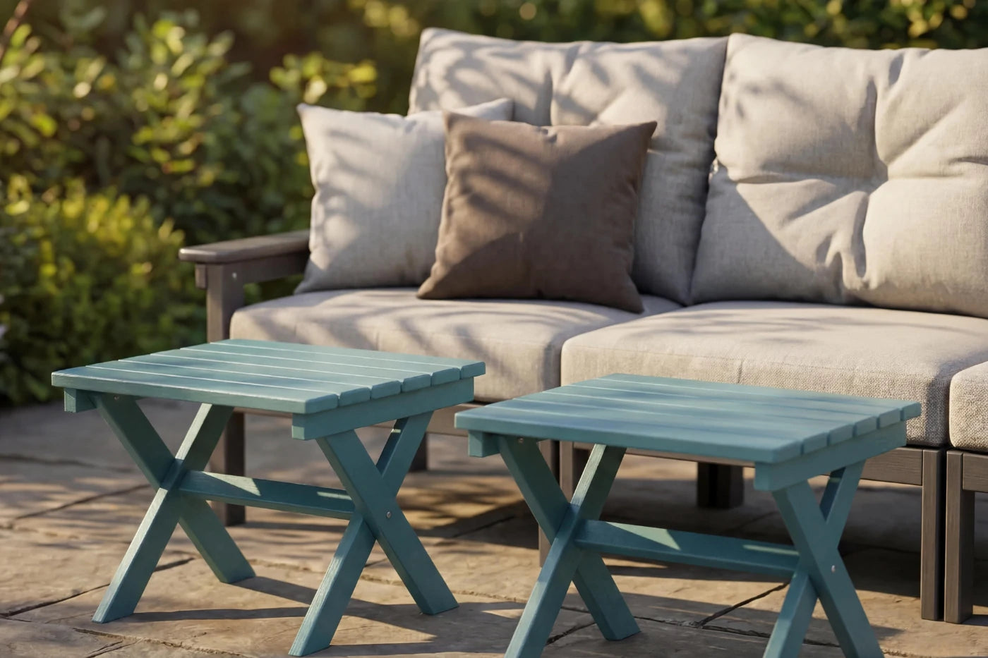 Outdoor setting with a beige sofa and two BLUE tables on a wooden deck.