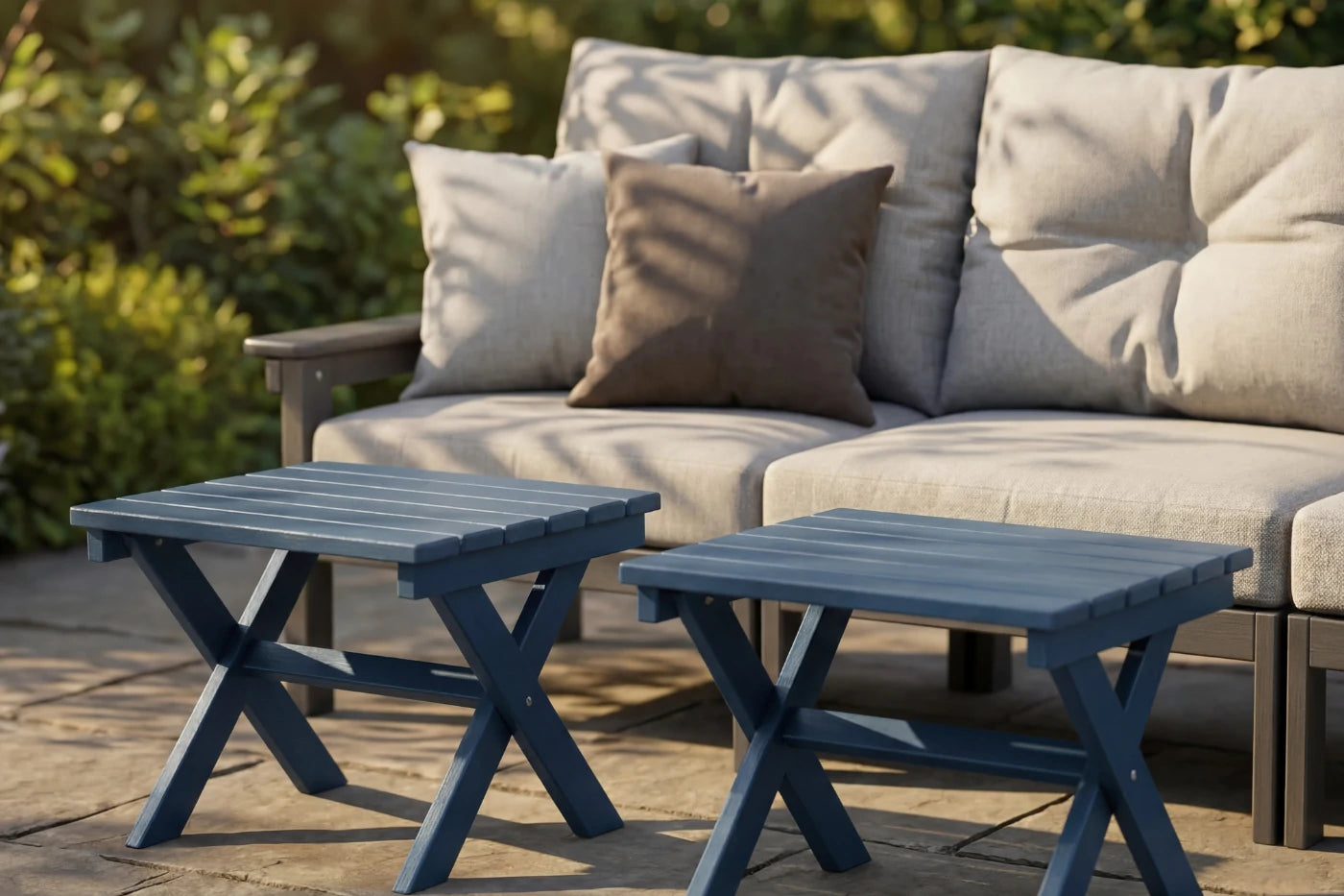 Outdoor patio set with beige sofa, gray cushions, and two blue side tables.