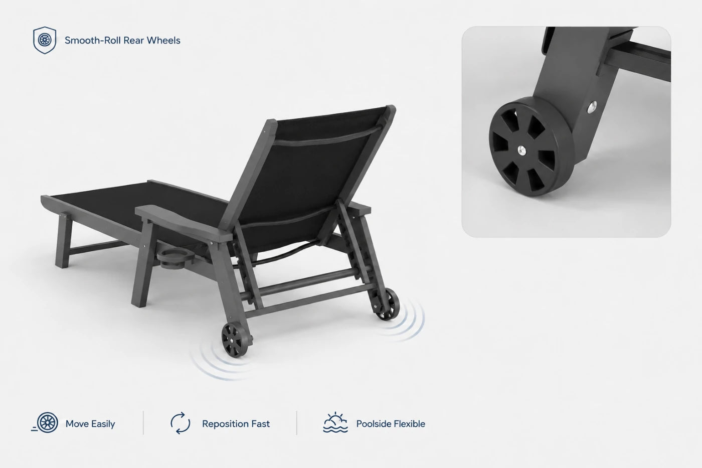 Black HDPE Outdoor Chaise Lounge with smooth-roll rear wheels, move easily, reposition fast and poolside flexible