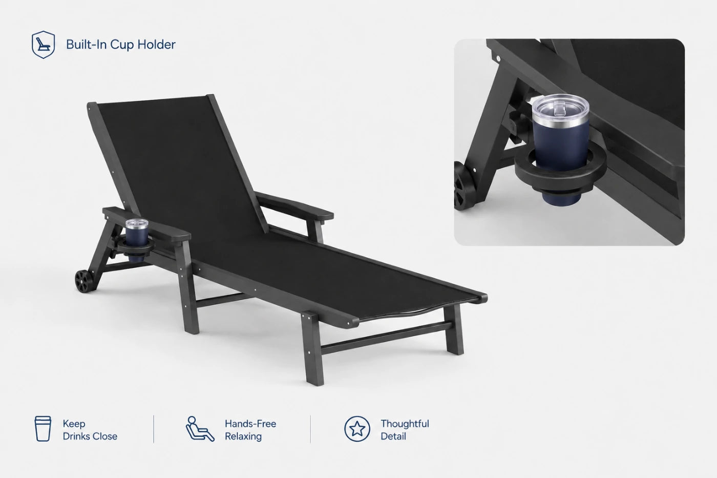 Black HDPE Outdoor Chaise Lounge can keep drinks close and hands-free relaxing.