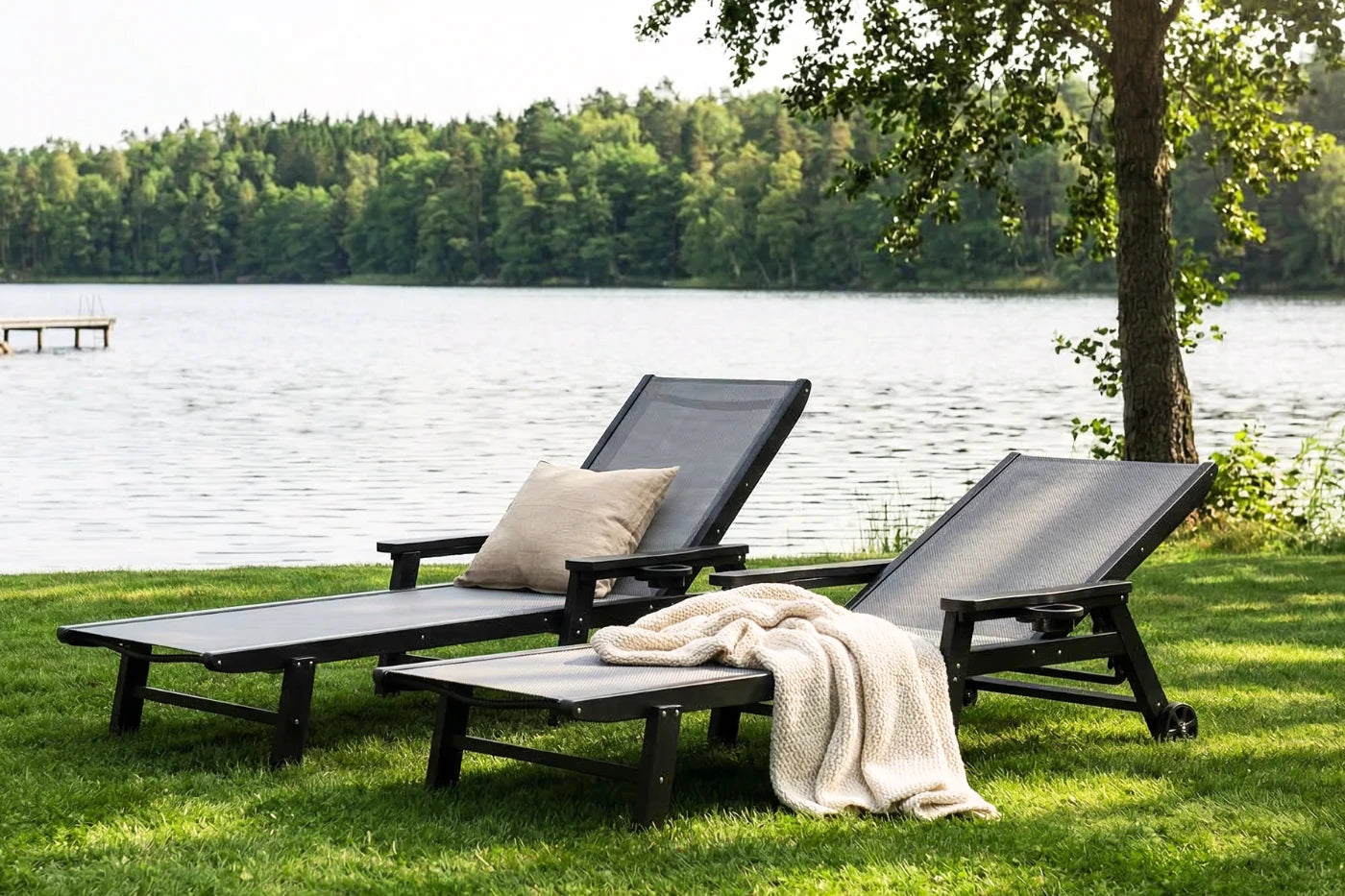 Dark gray HDPE Outdoor Chaise Lounge with Textilene Fabric by the lake