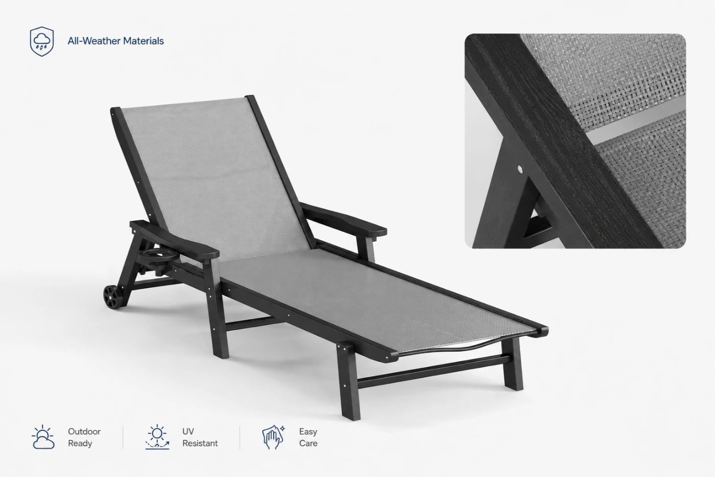 Dark gray HDPE Outdoor Chaise Lounge with all-weather materials, UV resistant