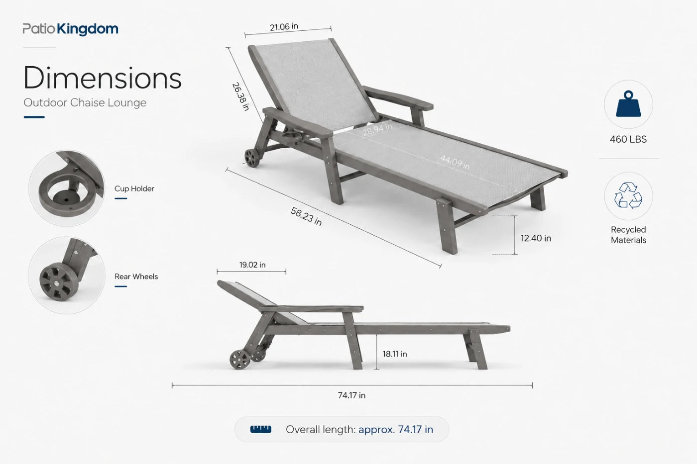 Gray HDPE Outdoor Chaise Lounge with Textilene Fabric 74.17-icnch overall length