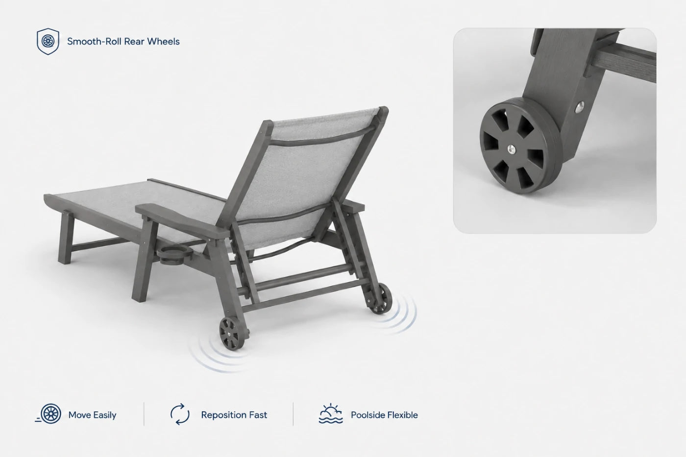 Gray HDPE Outdoor Chaise Lounge with smooth-roll rear wheels, move easily, reposition fast and poolside flexible