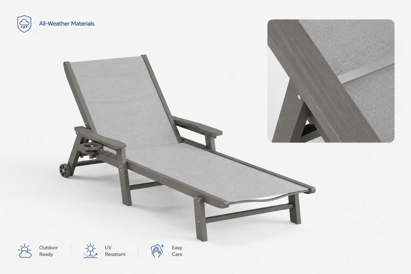 Gray HDPE Outdoor Chaise Lounge with all-weather materials, UV resistant