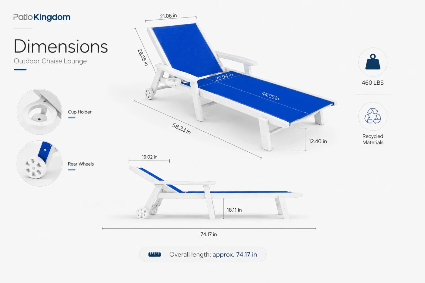 Indigo blue HDPE Outdoor Chaise Lounge with Textilene Fabric 74.17-icnch overall length