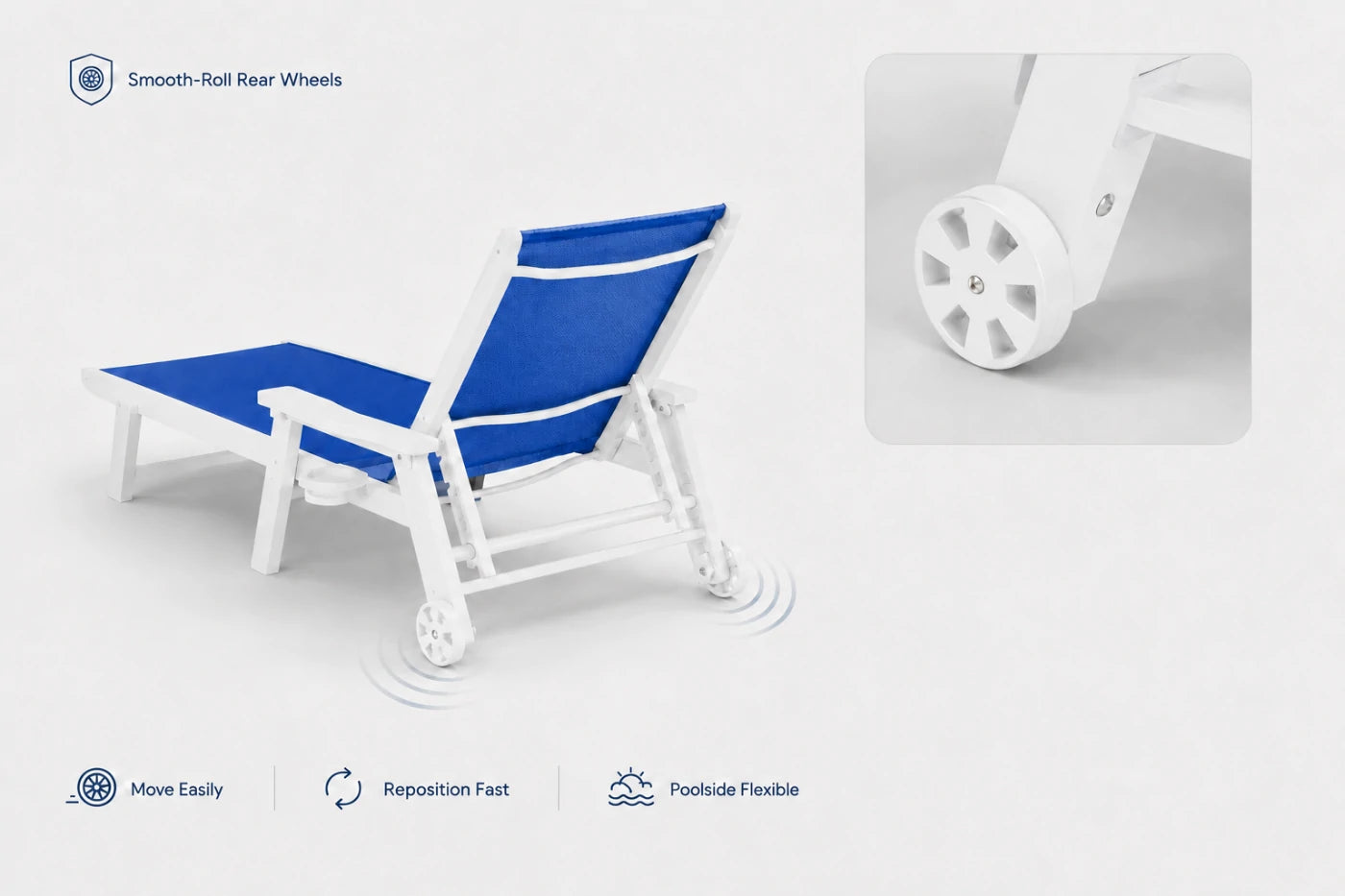 Indigo blue HDPE Outdoor Chaise Lounge with smooth-roll rear wheels, move easily, reposition fast and poolside flexible