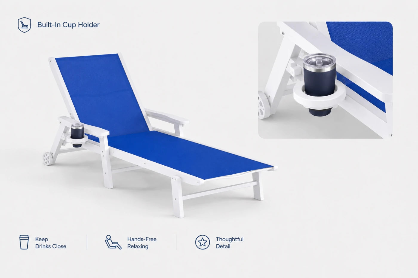 Indigo blue HDPE Outdoor Chaise Lounge can keep drinks close and hands-free relaxing.