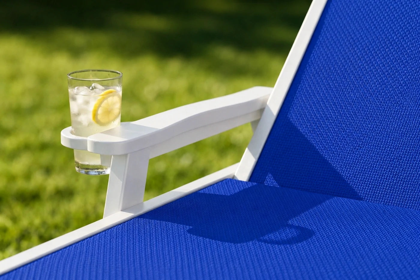 Indigo blue HDPE Outdoor Chaise Lounge with Textilene Fabric keeps drinks close