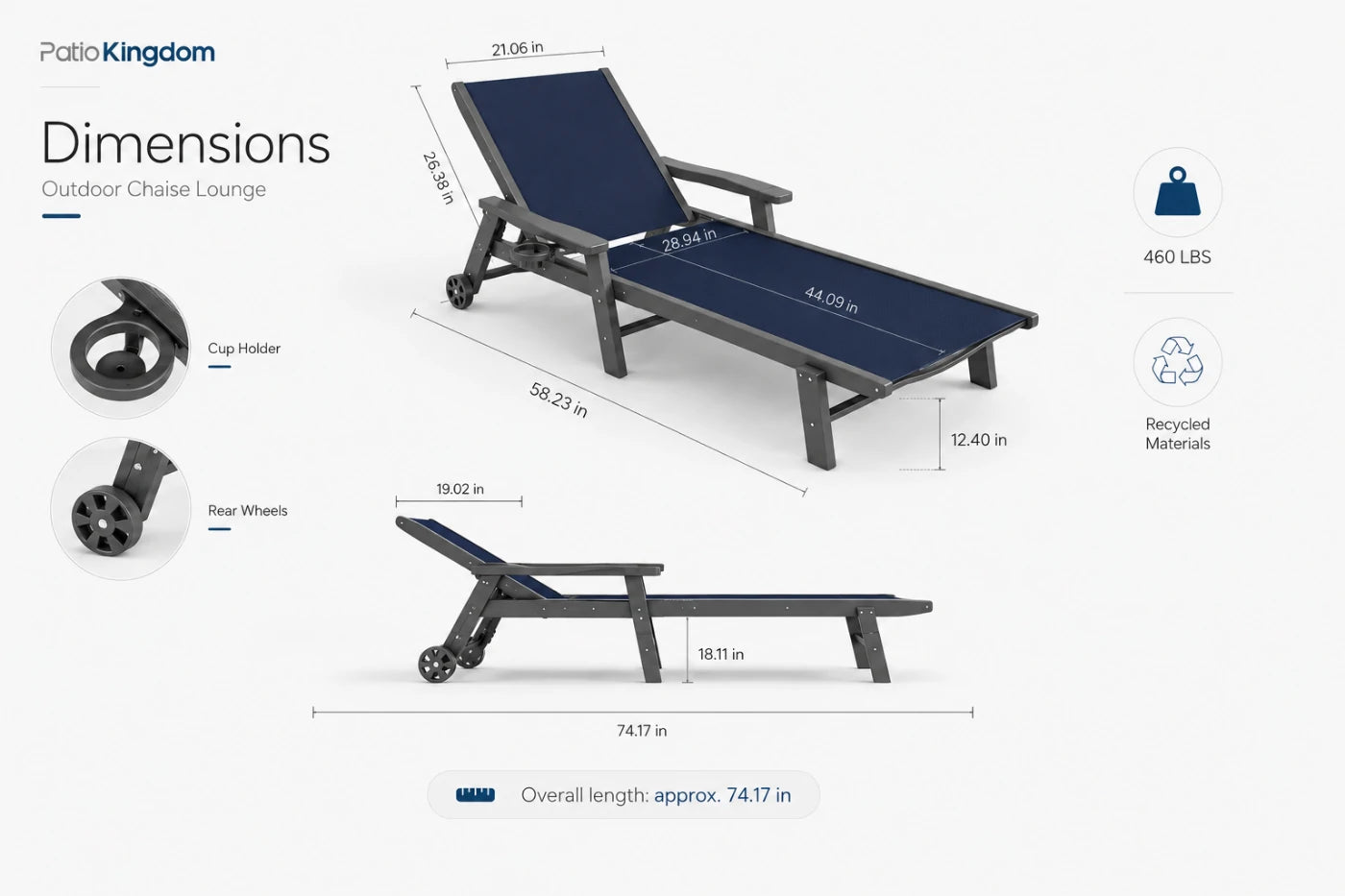 Navy blue HDPE Outdoor Chaise Lounge with Textilene Fabric 74.17-icnch overall length