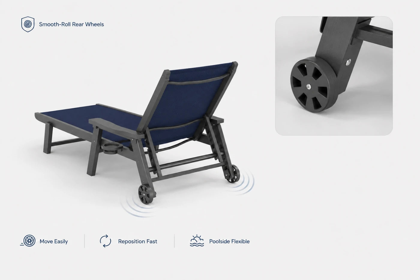 Navy blue HDPE Outdoor Chaise Lounge with smooth-roll rear wheels, move easily, reposition fast and poolside flexible